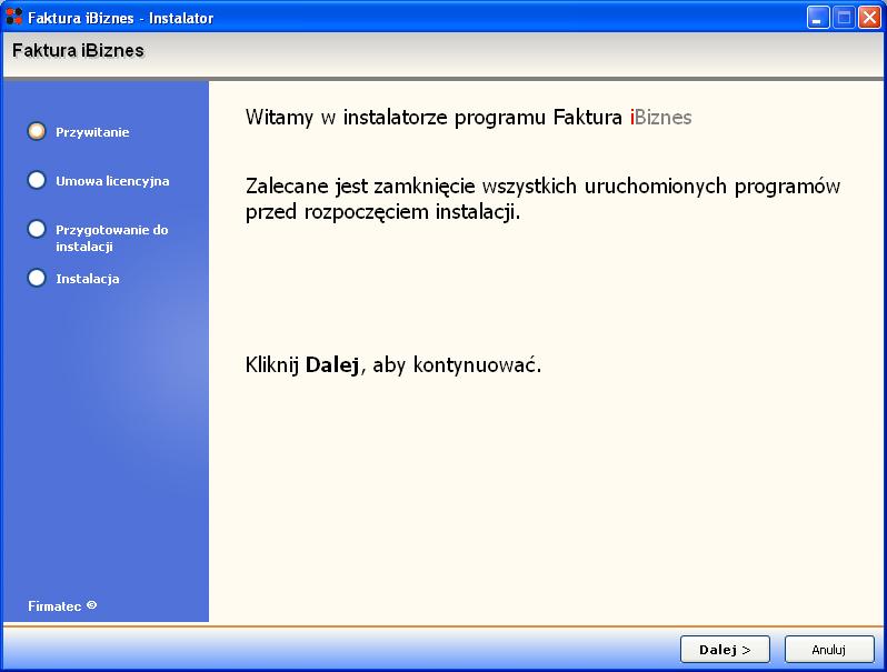 Ekran powitalny instalatora Faktura iBiznes